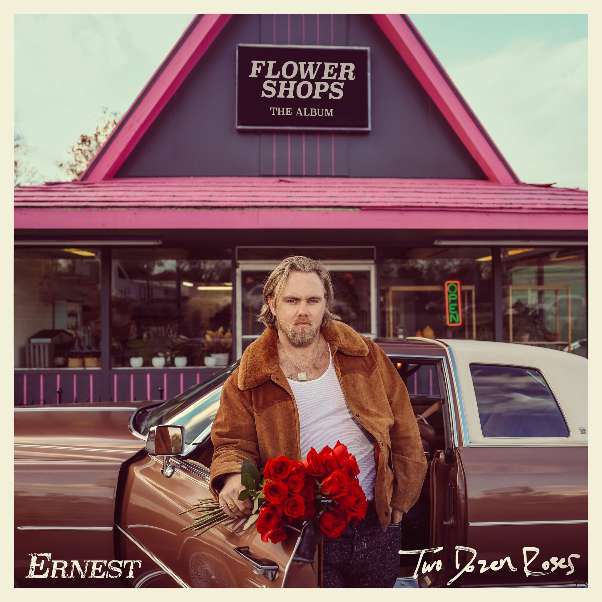 FLOWER SHOPS (THE ALBUM): Two Dozen Roses album cover art by Ernest, showcasing the country singer's latest release featuring the 'two dozen roses song' and traditional country music.