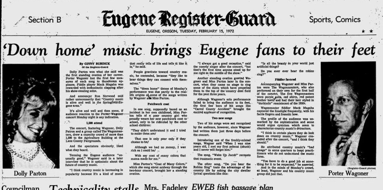 Dolly Parton and Porter Wagoner performing in 1972, Eugene Register-Guard archive, showcasing a historical concert image for an article discussing Dolly Parton song by song analysis.