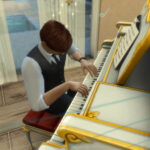 Sim playing a piano, focusing on skill development.