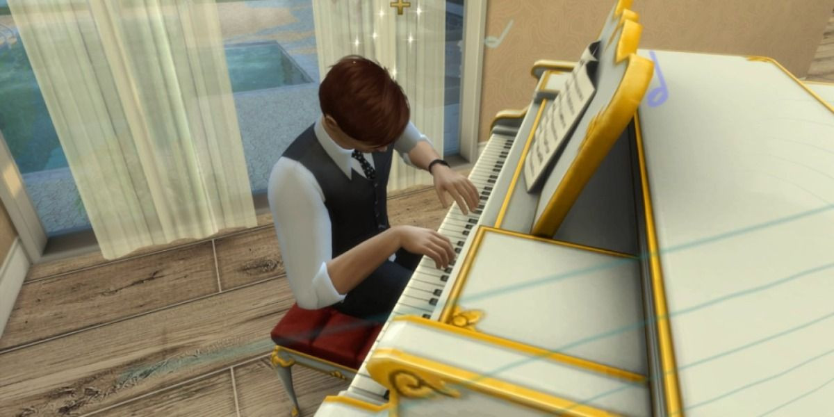 Sim playing a piano, focusing on skill development.